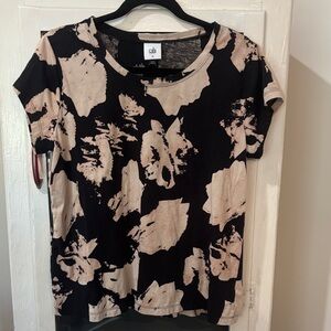 CAbi Black and Cream Floral Short Sleeve Top